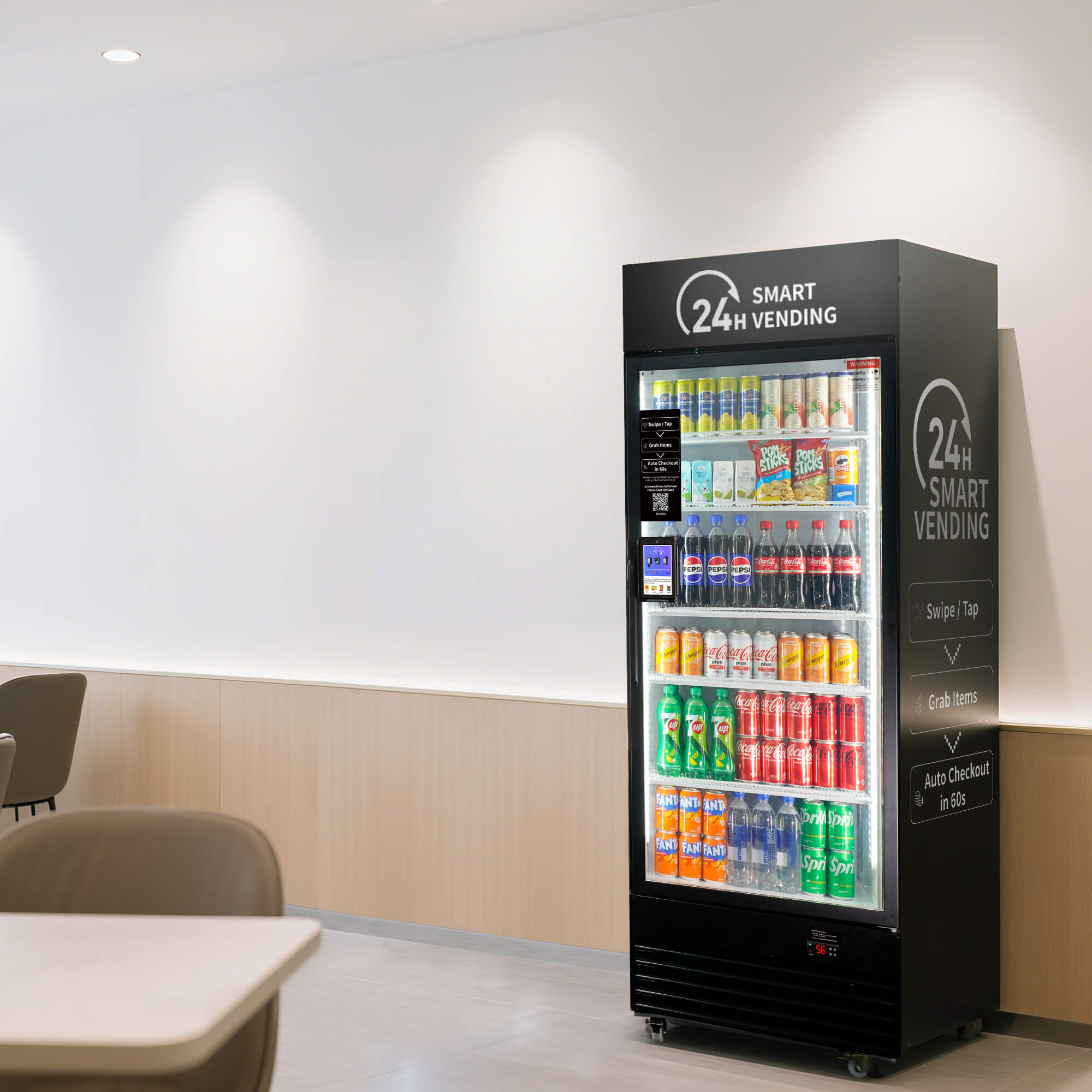AI smart vending machine with touchscreen in modern waiting room