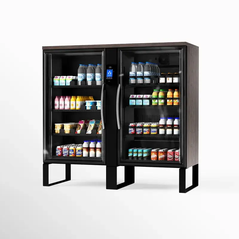 Traditional vending machines stocked with snacks and beverages in a workplace setting